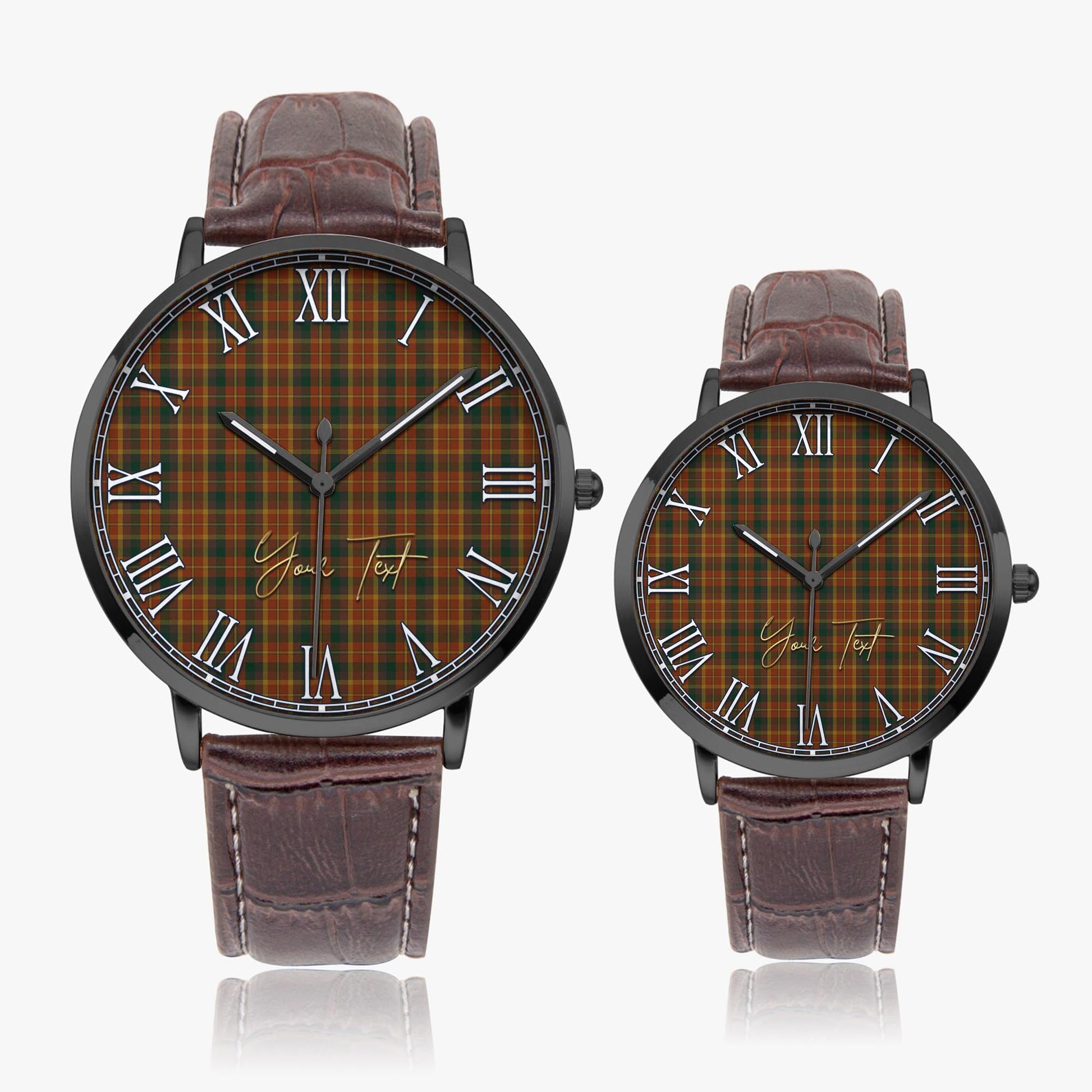 Monaghan County Ireland Tartan Personalized Your Text Leather Trap Quartz Watch Ultra Thin Black Case With Brown Leather Strap - Tartanvibesclothing