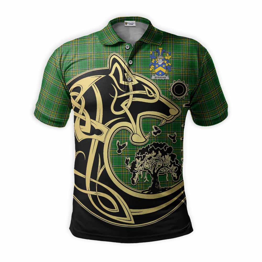 Tartan Vibes Clothing Monahan Irish Tartan Polo Shirt with Coat of Arms Celtic Wolf Style