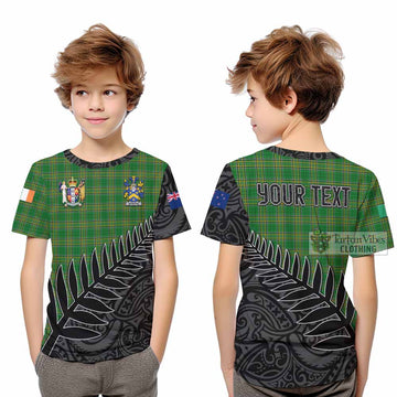 Monahan Irish Clan Tartan Kid T-Shirt with Coat of Arms New Zealand Silver Fern Half Style