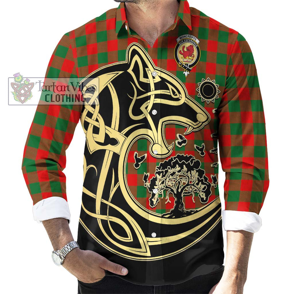Moncreiffe Modern Tartan Long Sleeve Button Shirt with Family Crest Celtic Wolf Style - Tartan Vibes Clothing