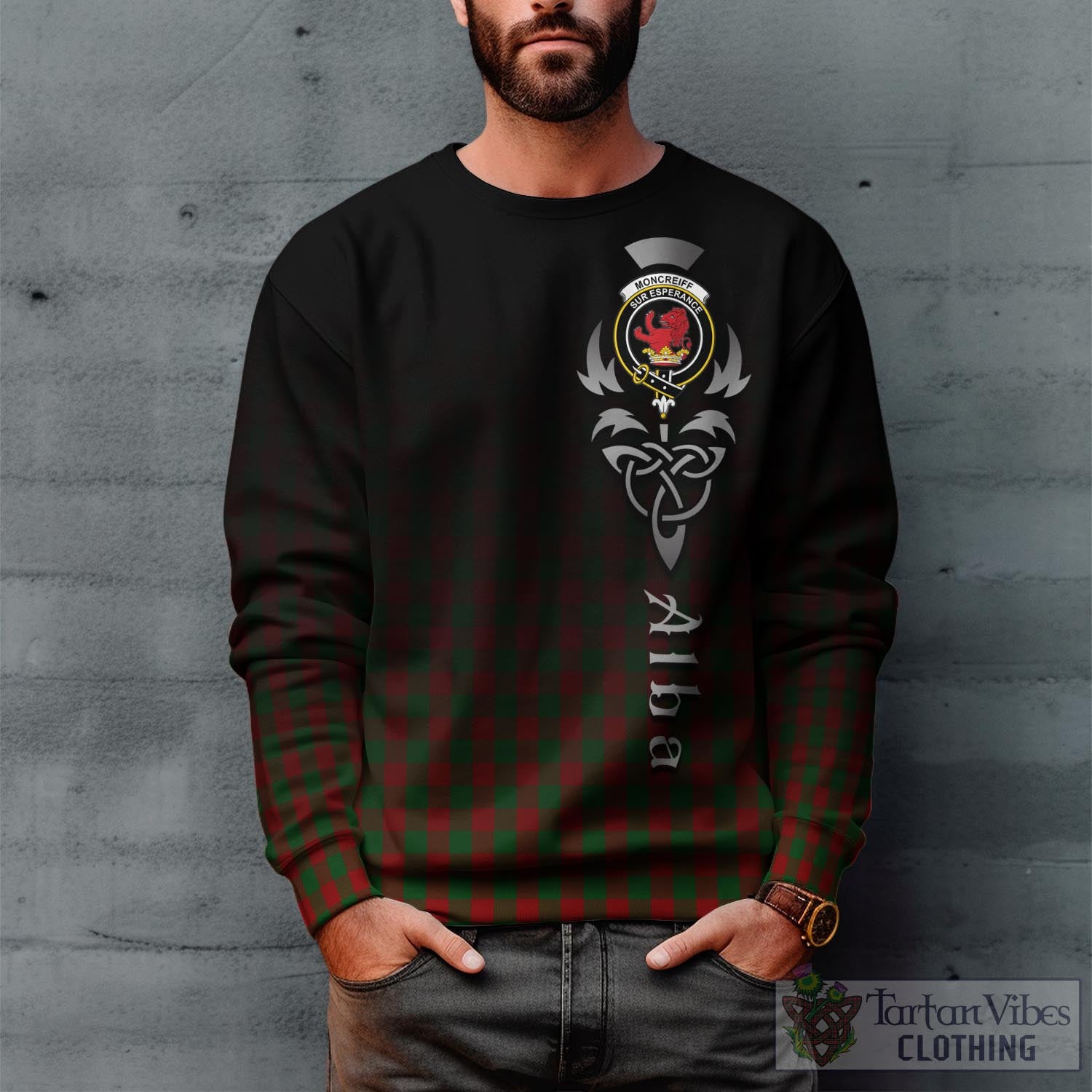 Tartan Vibes Clothing Moncrieff Tartan Sweatshirt Featuring Alba Gu Brath Family Crest Celtic Inspired