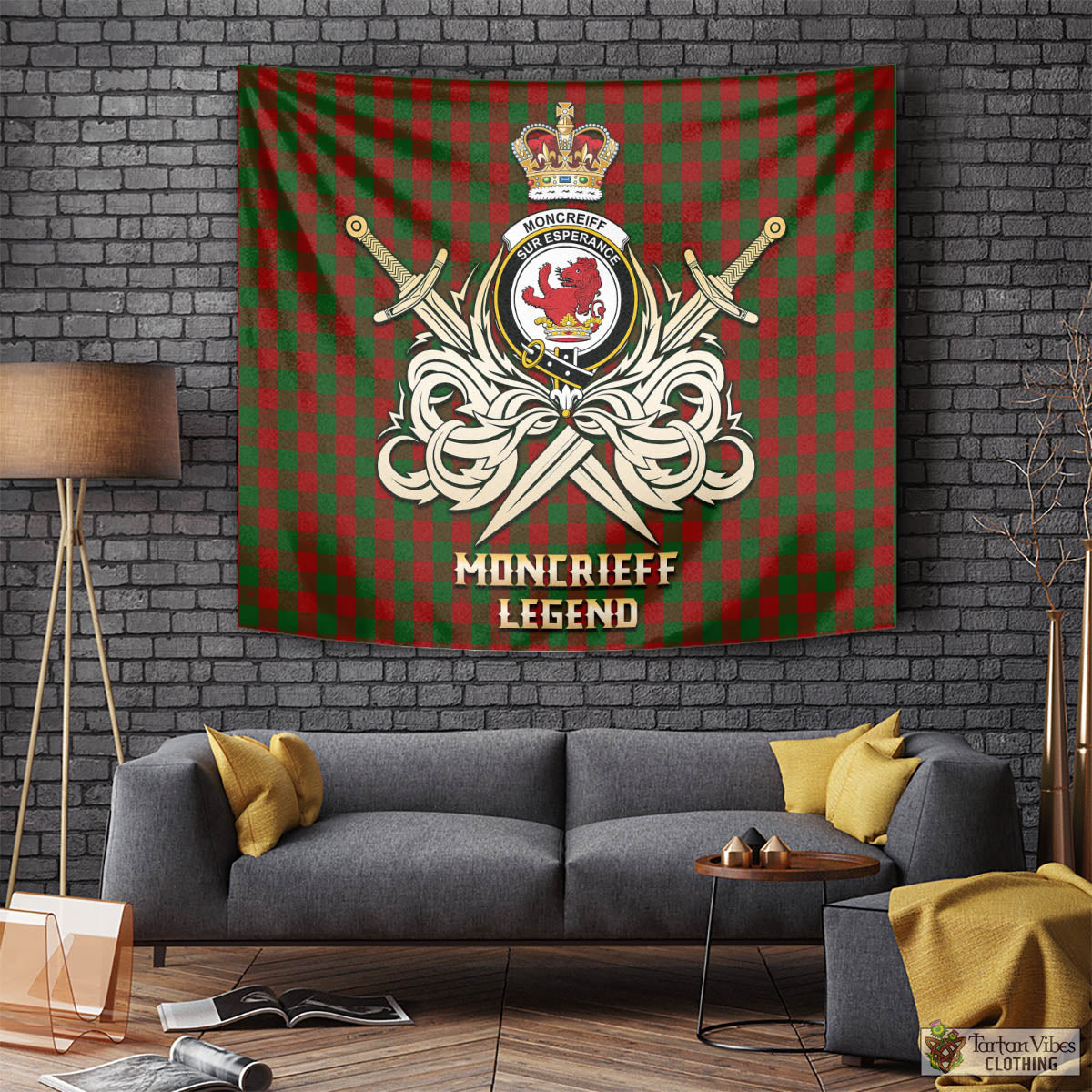Tartan Vibes Clothing Moncrieff Tartan Tapestry with Clan Crest and the Golden Sword of Courageous Legacy