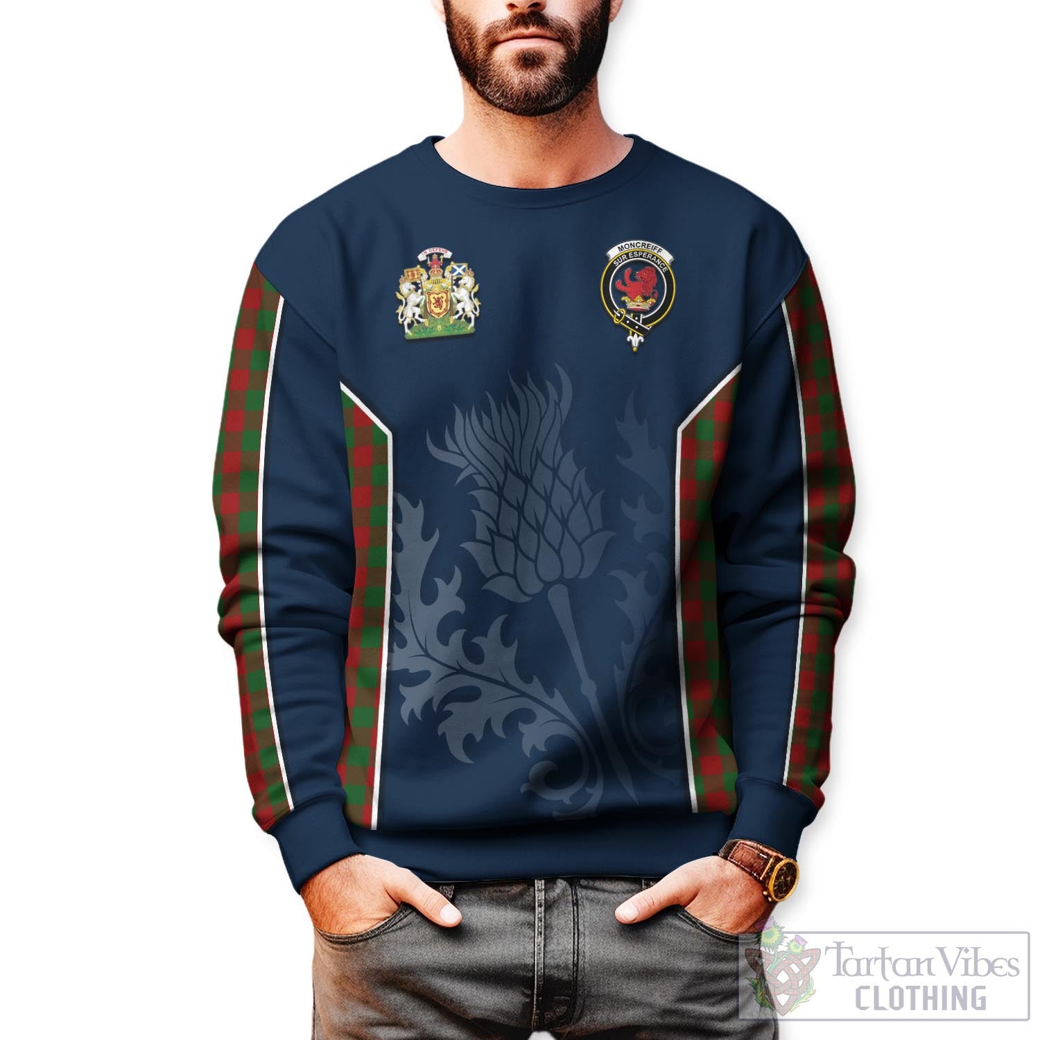 Moncrieff (Moncreiffe) Tartan Sweatshirt with Family Crest and Scottish Thistle Vibes Sport Style Unisex - Tartan Vibes Clothing