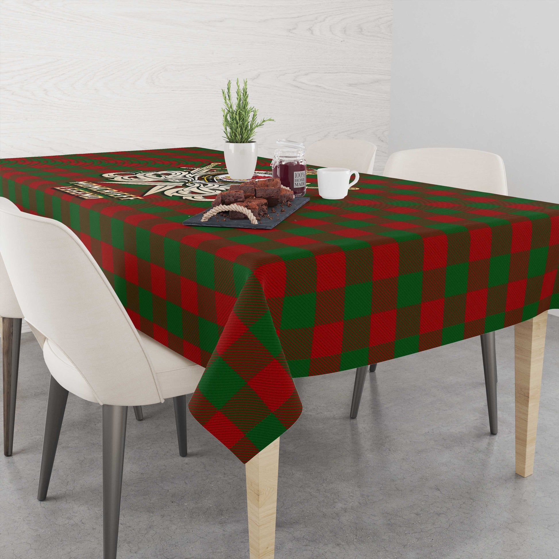 Tartan Vibes Clothing Moncrieff Tartan Tablecloth with Clan Crest and the Golden Sword of Courageous Legacy