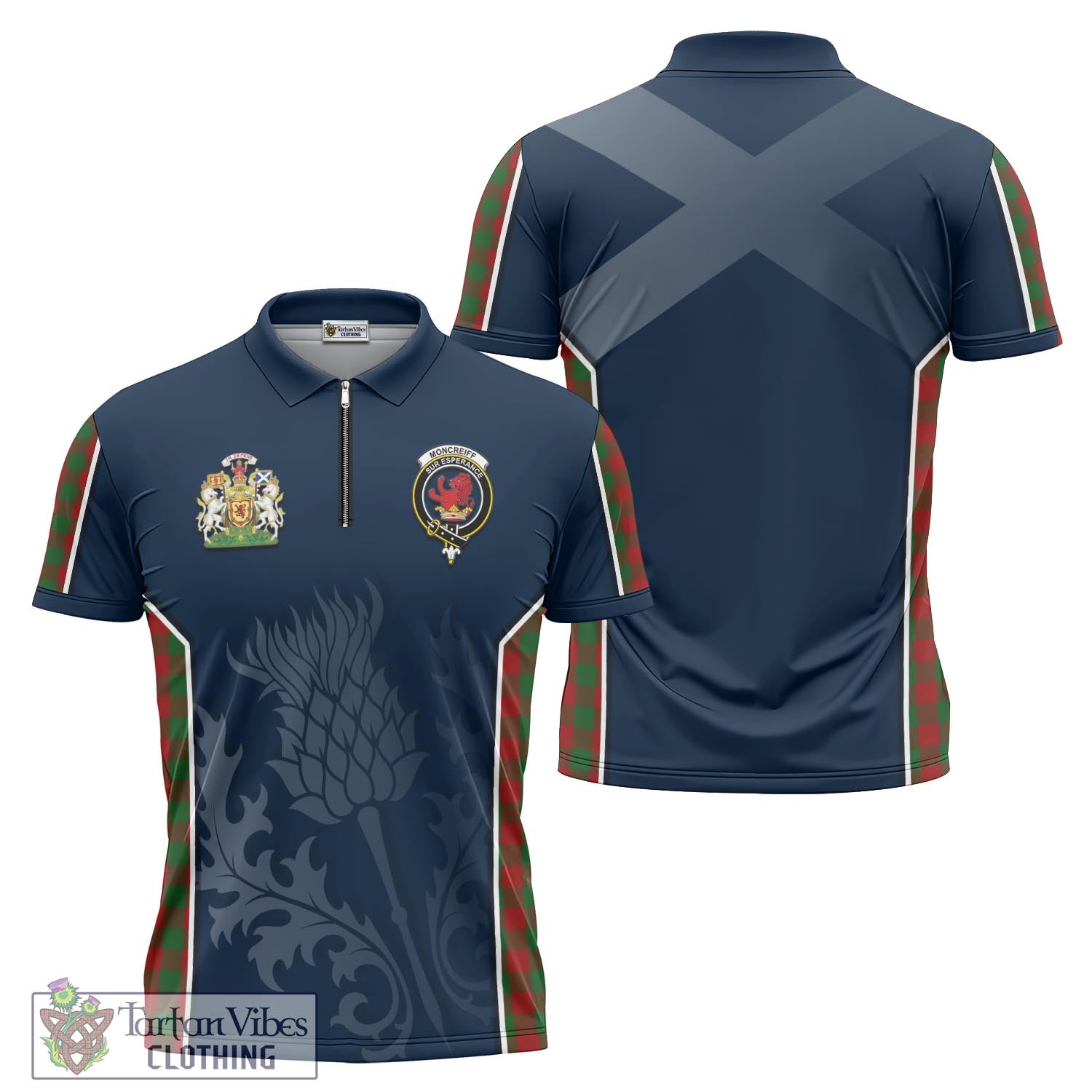 Tartan Vibes Clothing Moncrieff Tartan Zipper Polo Shirt with Family Crest and Scottish Thistle Vibes Sport Style