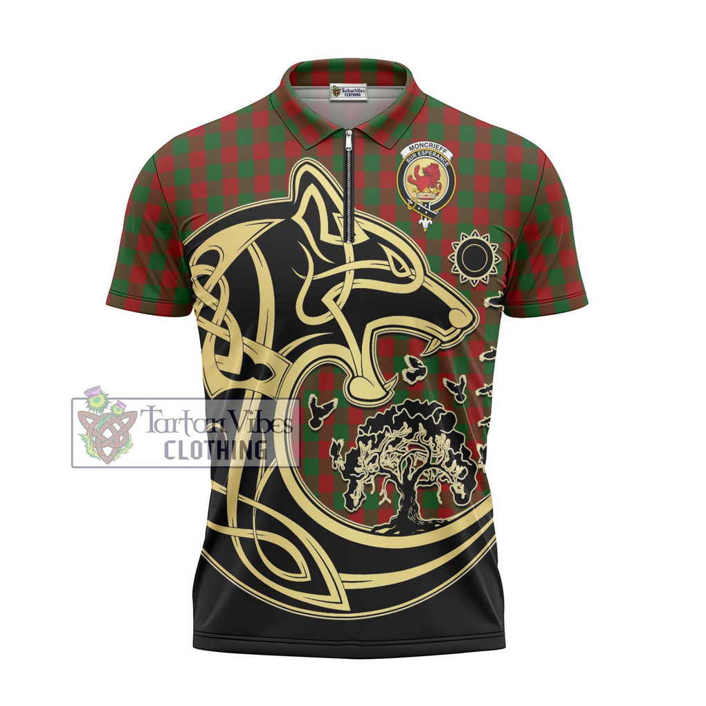 Moncrieff (Moncreiffe) Tartan Zipper Polo Shirt with Family Crest Celtic Wolf Style - Tartan Vibes Clothing