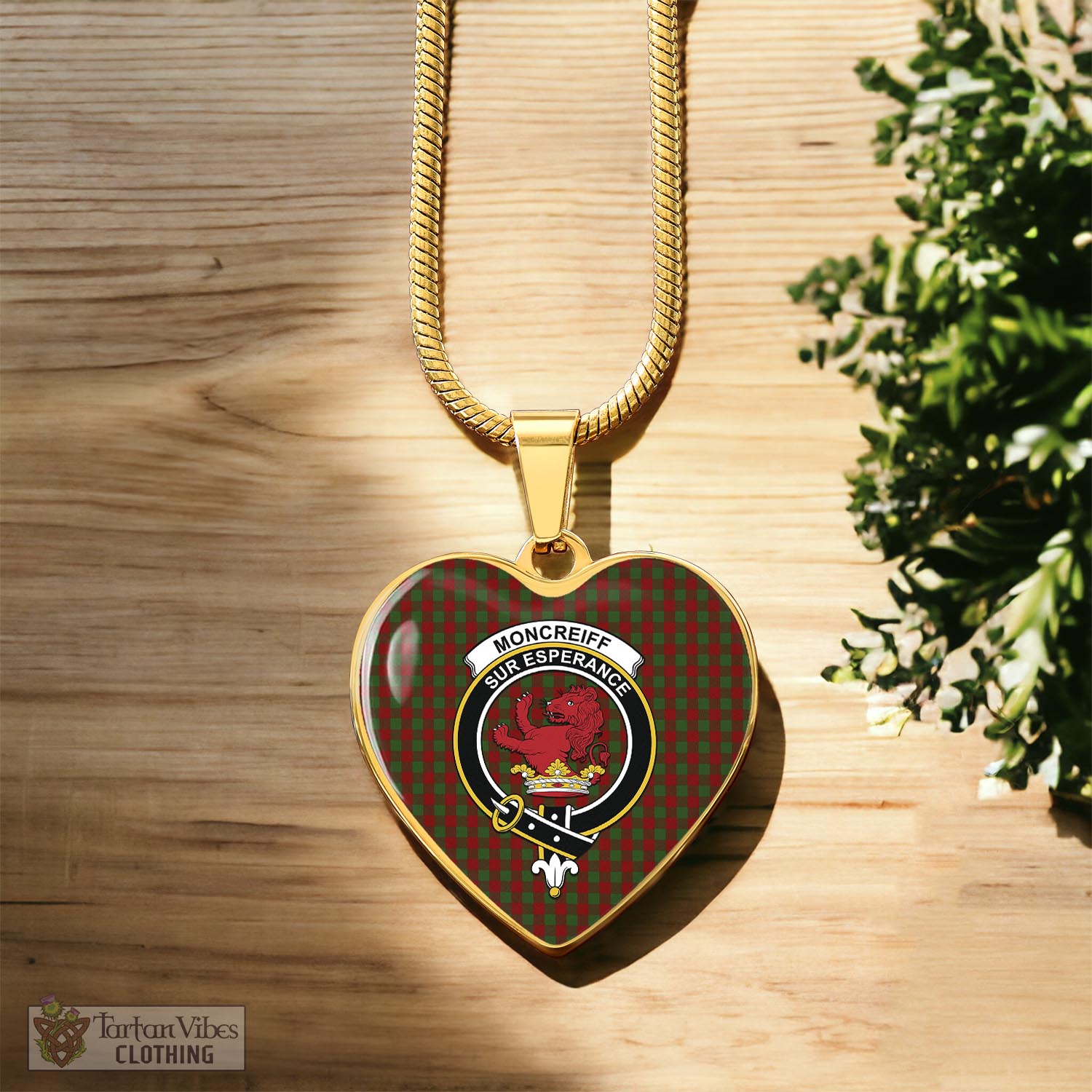 Moncrieff (Moncreiffe) Tartan Heart Necklace with Family Crest Luxury Necklace (Gold) No - Tartan Vibes Clothing