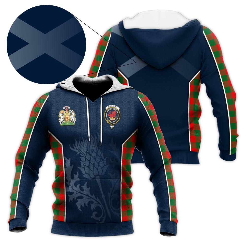 Tartan Vibes Clothing Moncrieff Modern Tartan Knitted Hoodie with Family Crest and Scottish Thistle Vibes Sport Style