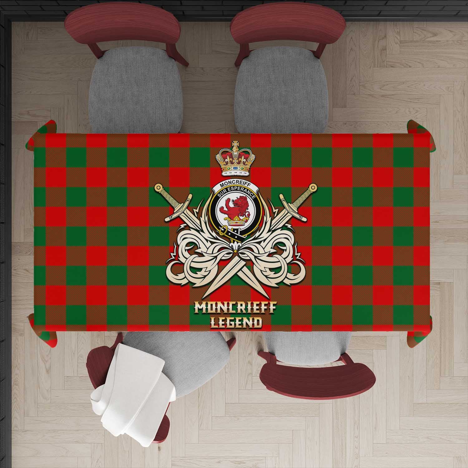 Tartan Vibes Clothing Moncrieff Modern Tartan Tablecloth with Clan Crest and the Golden Sword of Courageous Legacy