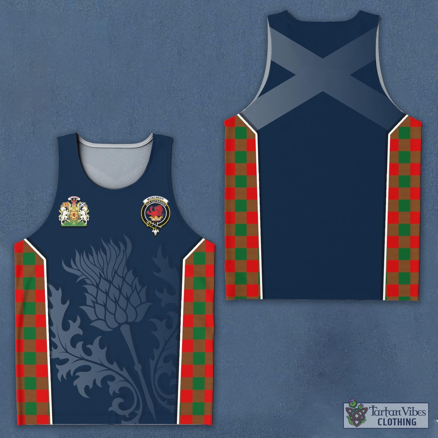 Tartan Vibes Clothing Moncrieff Modern Tartan Men's Tanks Top with Family Crest and Scottish Thistle Vibes Sport Style