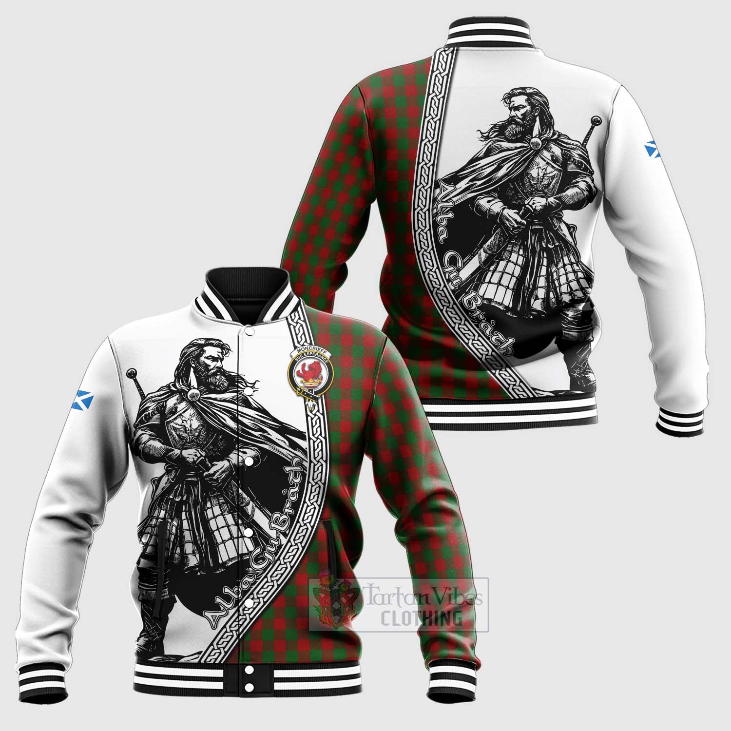Moncrieff (Moncreiffe) Tartan Clan Crest Baseball Jacket with Highlander Warrior Celtic Style Unisex - Tartan Vibes Clothing