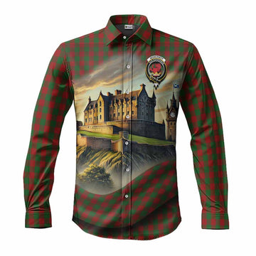 Tartan Vibes Clothing Moncrieff (Moncreiffe) Tartan Family Crest Long Sleeve Button Shirt with Scottish Ancient Castle Style
