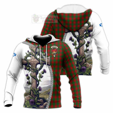 Moncrieff (Moncreiffe) Tartan Knitted Hoodie with Family Crest and St. Andrew's Cross Accented by Thistle Vines Unisex Knitted Pullover Hoodie - Tartan Vibes Clothing