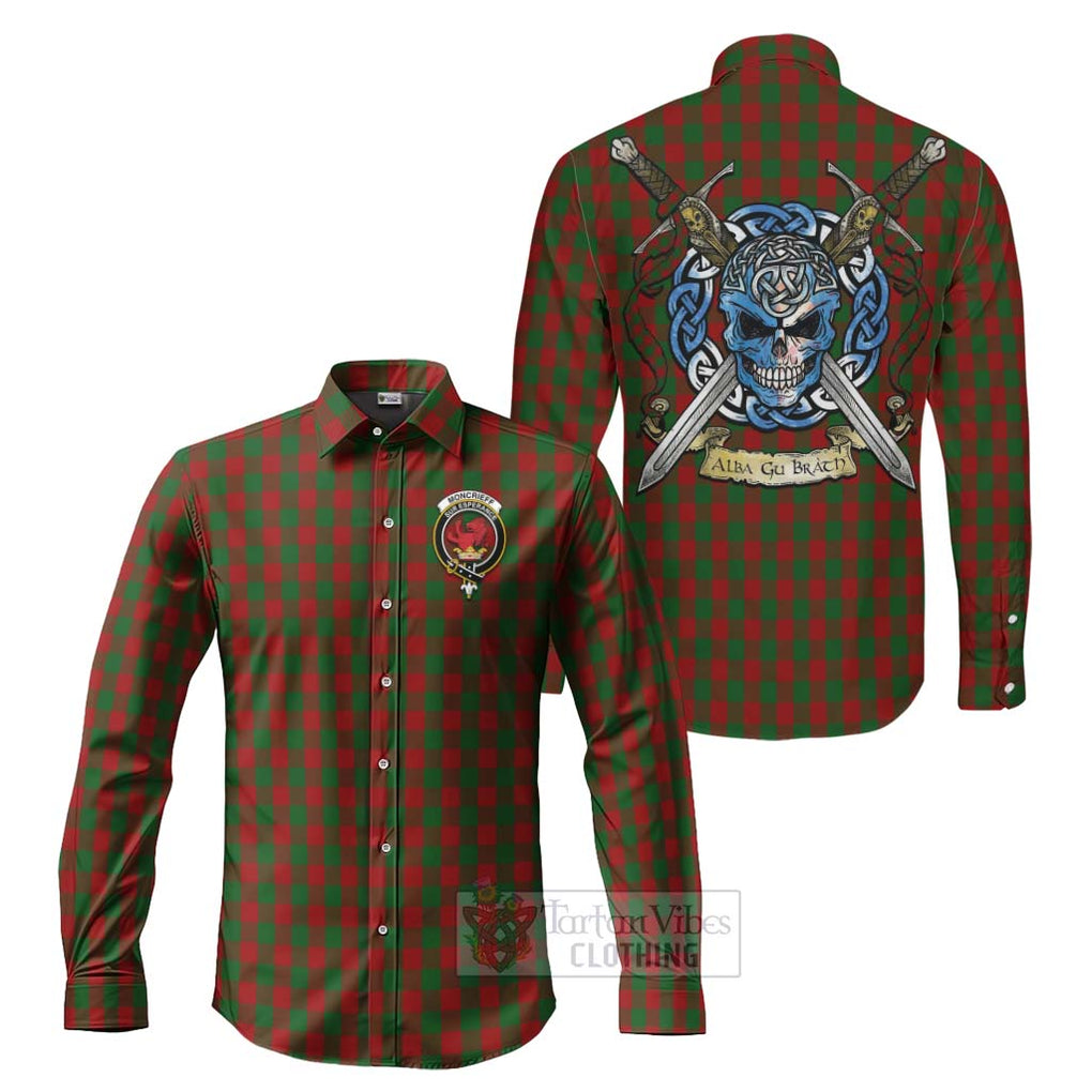 Moncrieff (Moncreiffe) Tartan Long Sleeve Button Shirt with Family Crest Celtic Skull Style Men's Shirt S - Tartan Vibes Clothing