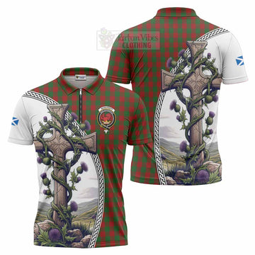 Moncrieff (Moncreiffe) Tartan Zipper Polo Shirt with Family Crest and St. Andrew's Cross Accented by Thistle Vines Unisex - Tartan Vibes Clothing