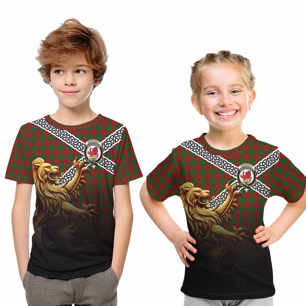 Moncrieff (Moncreiffe) Crest Tartan Kid T-Shirt with Golden Lion Emblem Celtic Style Youth XL Size14 - Tartan Vibes Clothing