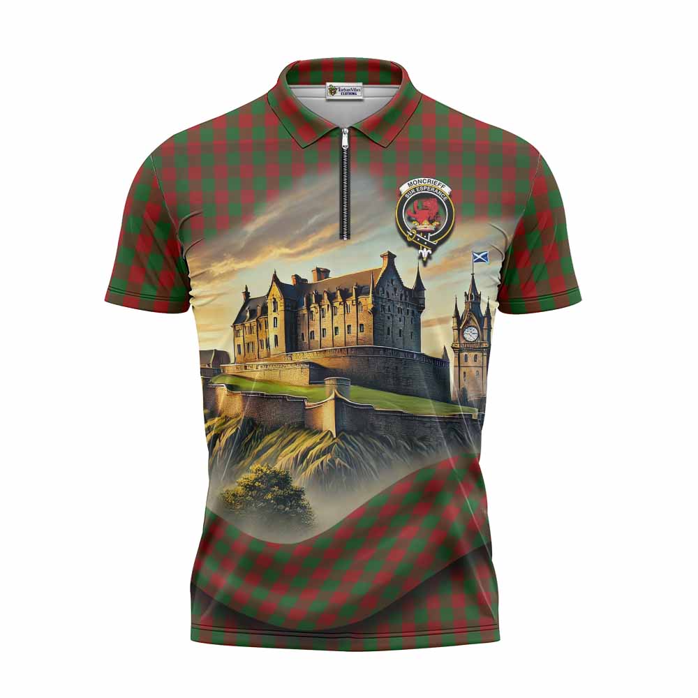 Moncrieff (Moncreiffe) Tartan Family Crest Zipper Polo Shirt with Scottish Ancient Castle Style Unisex - Tartan Vibes Clothing
