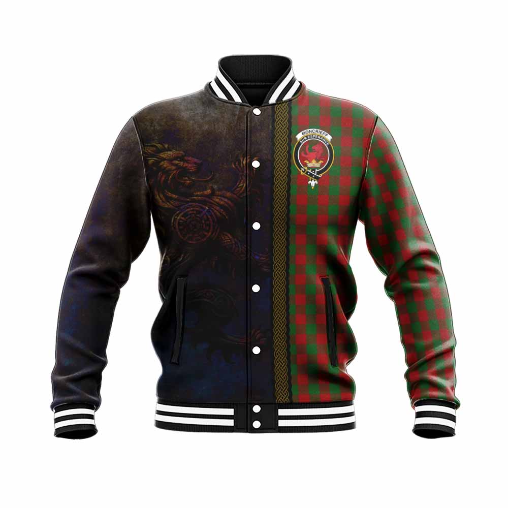 Tartan Vibes Clothing Moncrieff (Moncreiffe) Tartan Family Crest Baseball Jacket Alba Gu Brath Be Brave Lion Ancient Style