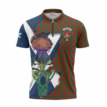 Tartan Vibes Clothing Moncrieff (Moncreiffe) Tartan Family Crest Zipper Polo Shirt Scottish Thistle Celtic Inspired