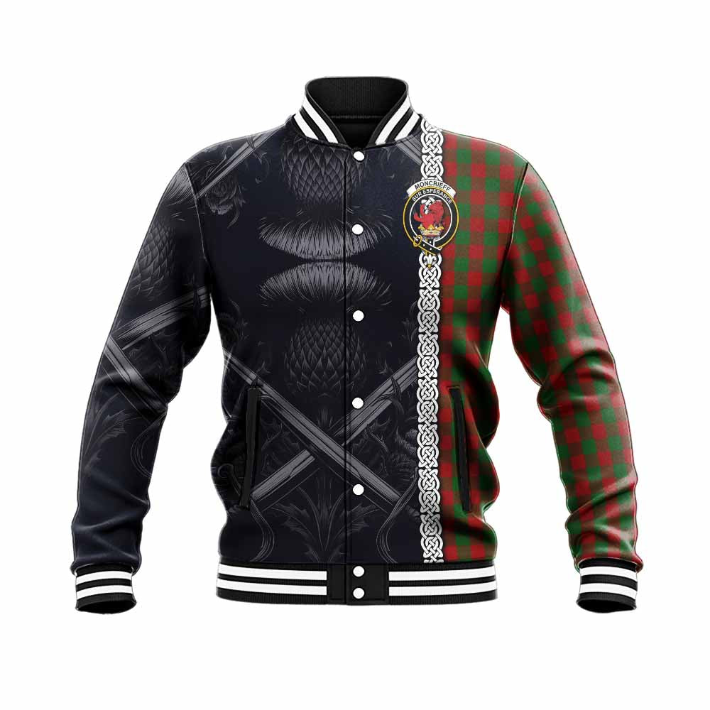 Moncrieff (Moncreiffe) Tartan Baseball Jacket with Family Crest Cross Sword Thistle Celtic Vibes Unisex - Tartan Vibes Clothing