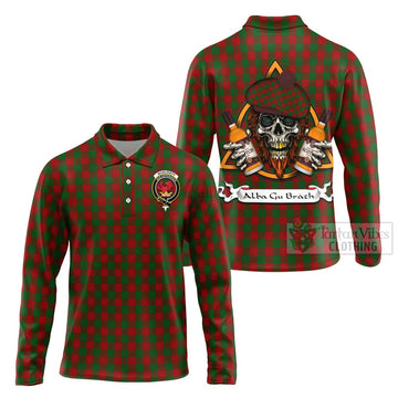 Moncrieff (Moncreiffe) Tartan Long Sleeve Polo Shirt with Family Crest and Bearded Skull Holding Bottles of Whiskey Unisex - Tartan Vibes Clothing