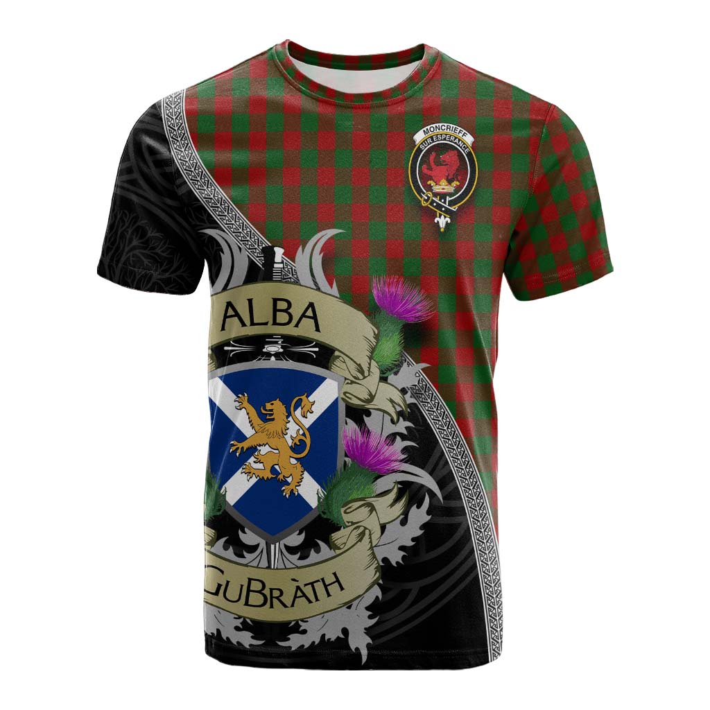 Tartan Vibes Clothing Moncrieff (Moncreiffe) Tartan Family Crest Cotton T-shirt Lion Rampant Royal Thistle Shield Celtic Inspired