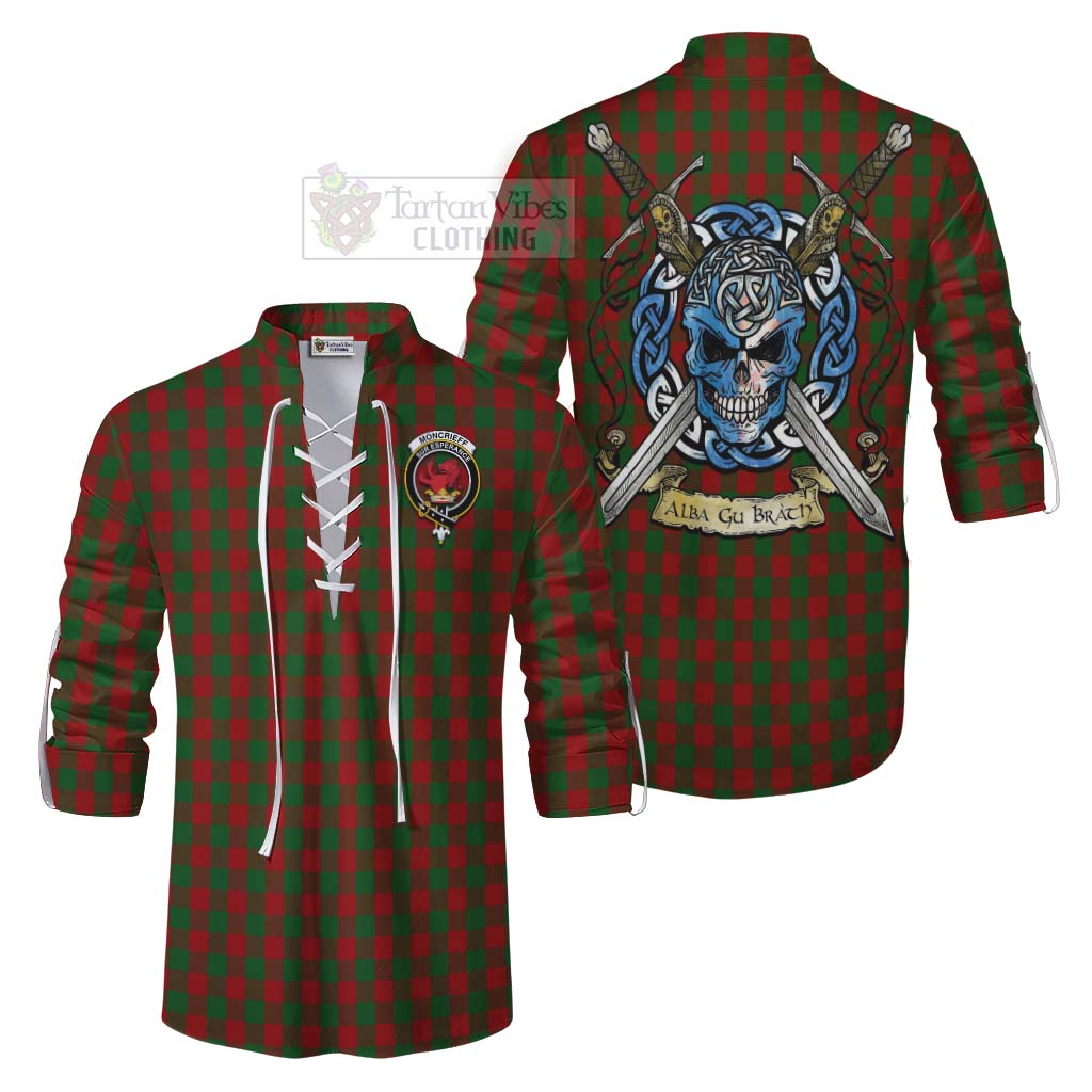 Moncrieff (Moncreiffe) Tartan Ghillie Kilt Shirt with Family Crest Celtic Skull Style Men - Tartan Vibes Clothing