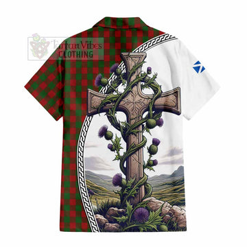 Moncrieff (Moncreiffe) Tartan Hawaiian Shirt with Family Crest and St. Andrew's Cross Accented by Thistle Vines - Tartan Vibes Clothing