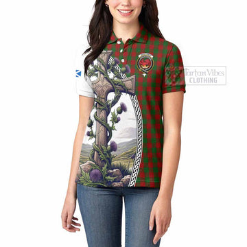 Moncrieff (Moncreiffe) Tartan Women's Polo Shirt with Family Crest and St. Andrew's Cross Accented by Thistle Vines - Tartan Vibes Clothing