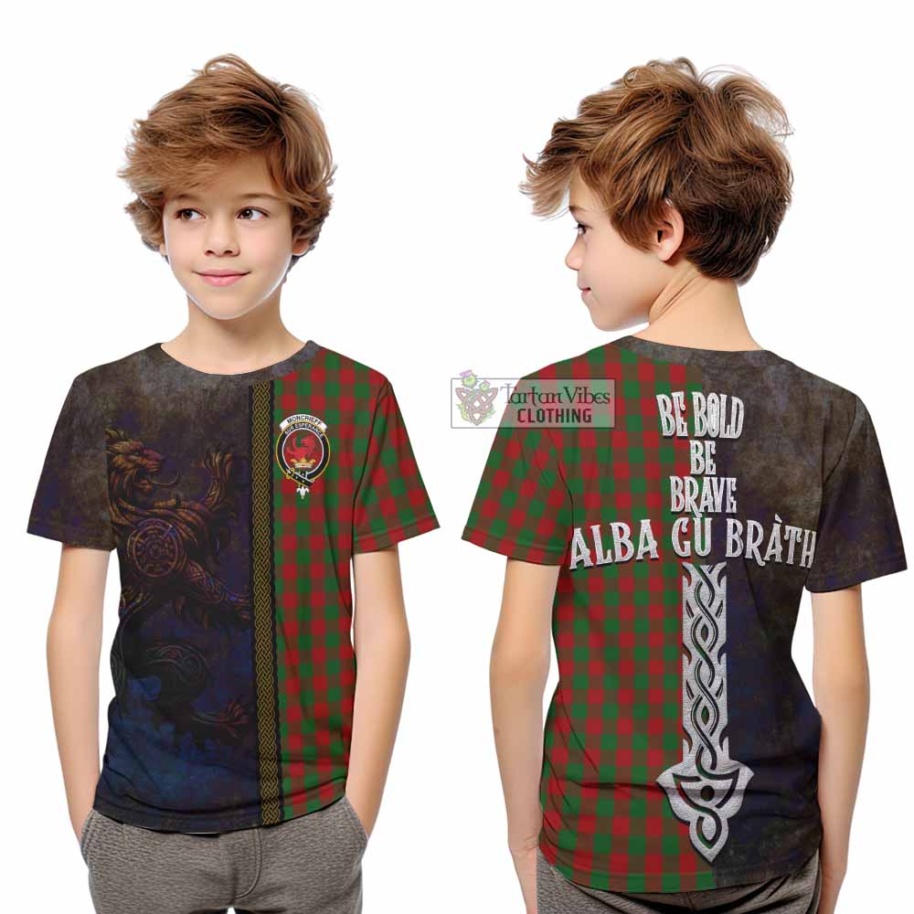 Tartan Vibes Clothing Moncrieff (Moncreiffe) Tartan Family Crest Kid T-Shirt Alba Gu Brath Be Brave Lion Ancient Style