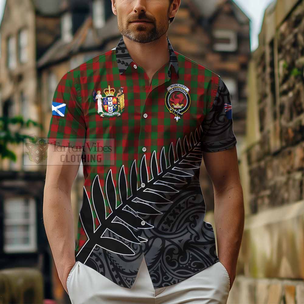 Tartan Vibes Clothing Moncrieff (Moncreiffe) Crest Tartan Short Sleeve Button Shirt with New Zealand Silver Fern Half Style