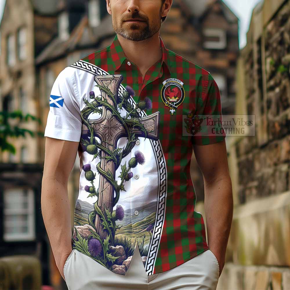 Moncrieff (Moncreiffe) Tartan Hawaiian Shirt with Family Crest and St. Andrew's Cross Accented by Thistle Vines - Tartan Vibes Clothing