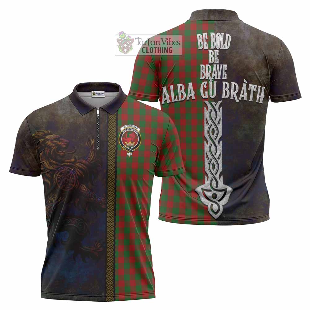 Tartan Vibes Clothing Moncrieff (Moncreiffe) Tartan Family Crest Zipper Polo Shirt Alba Gu Brath Be Brave Lion Ancient Style