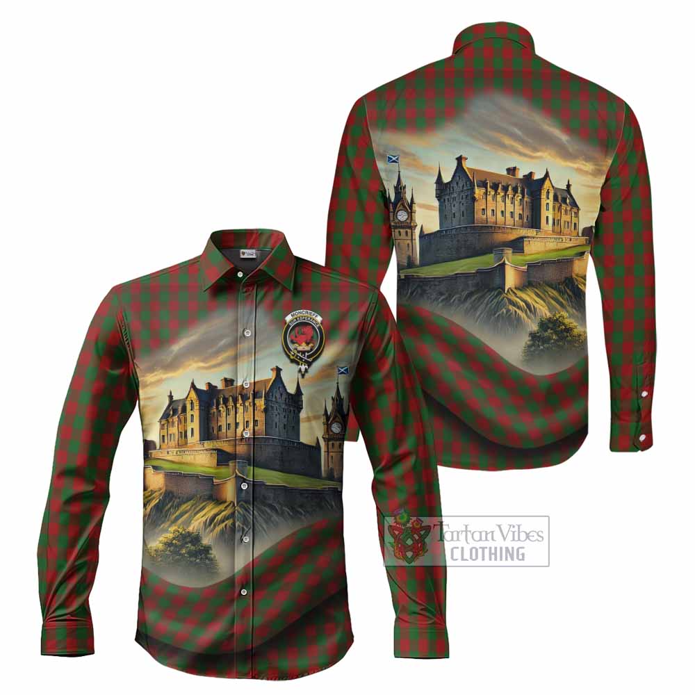 Tartan Vibes Clothing Moncrieff (Moncreiffe) Tartan Family Crest Long Sleeve Button Shirt with Scottish Ancient Castle Style