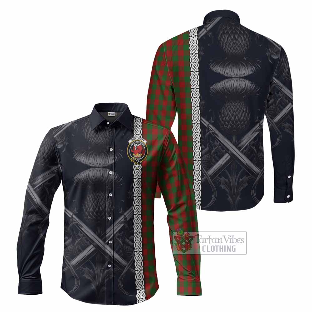 Tartan Vibes Clothing Moncrieff (Moncreiffe) Tartan Long Sleeve Button Shirt with Family Crest Cross Sword Thistle Celtic Vibes