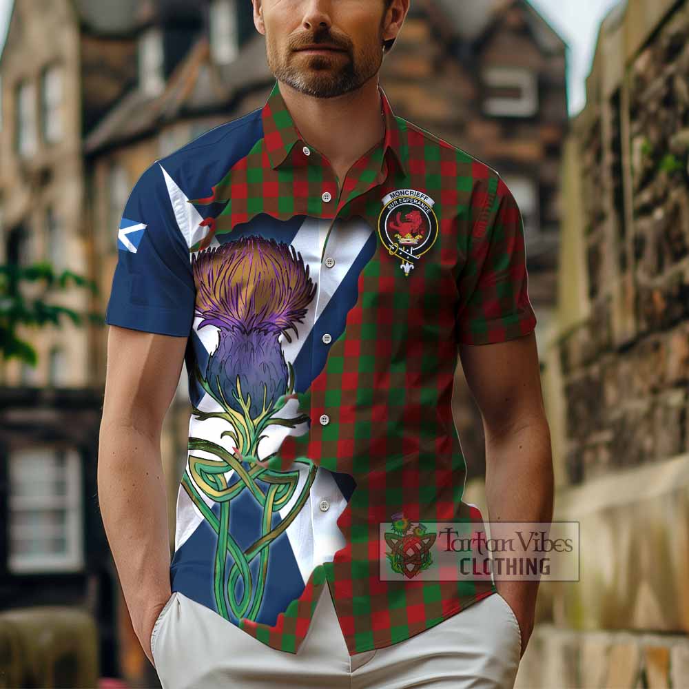 Tartan Vibes Clothing Moncrieff (Moncreiffe) Tartan Family Crest Short Sleeve Button Shirt Scottish Thistle Celtic Inspired
