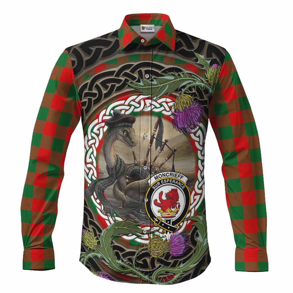 Moncrieff (Moncreiffe) Tartan Crest Bagpipe Nessie Long Sleeve Button Shirts Scottish Loch Ness Monster Celtic Thistle
