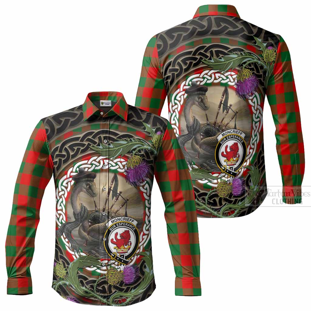 Moncrieff (Moncreiffe) Tartan Crest Bagpipe Nessie Long Sleeve Button Shirts Scottish Loch Ness Monster Celtic Thistle