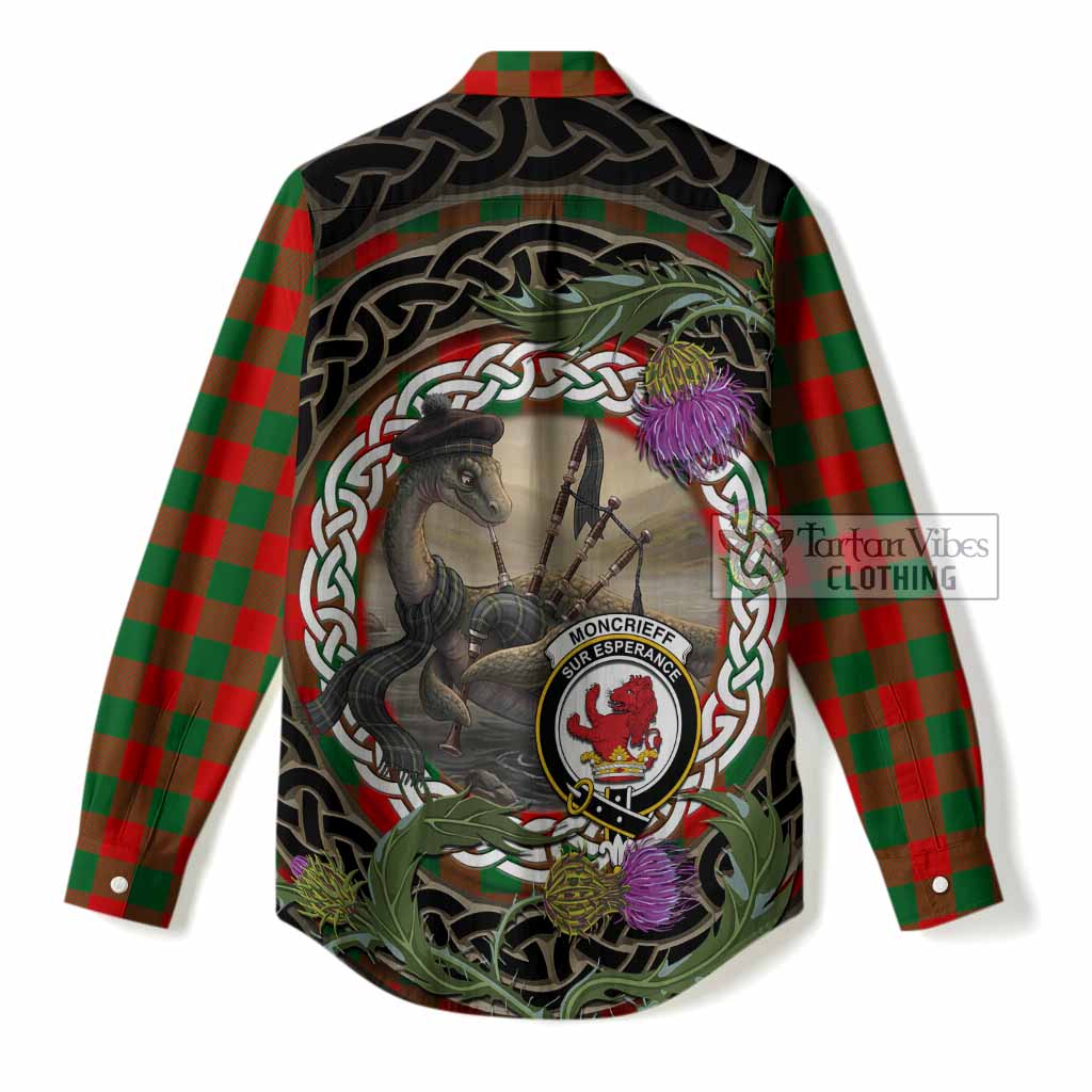 Moncrieff (Moncreiffe) Tartan Crest Bagpipe Nessie Women Casual Shirt Scottish Loch Ness Monster Celtic Thistle