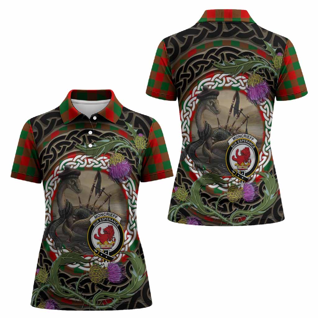Moncrieff (Moncreiffe) Tartan Crest Bagpipe Nessie Women Polo Shirt Scottish Loch Ness Monster Celtic Thistle