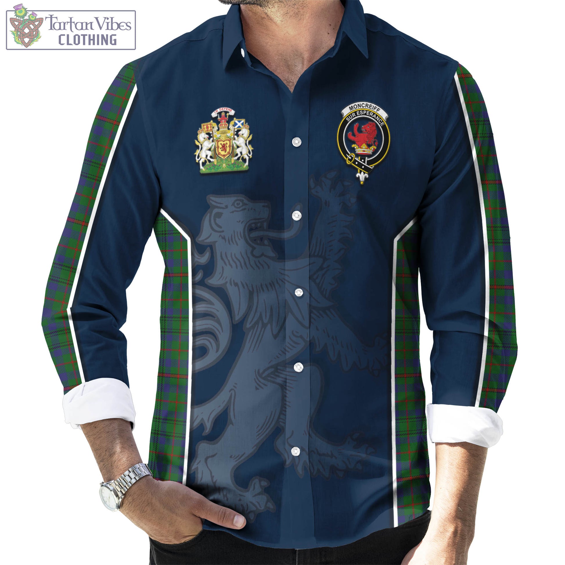 Tartan Vibes Clothing Moncrieff of Atholl Tartan Long Sleeve Button Up Shirt with Family Crest and Lion Rampant Vibes Sport Style