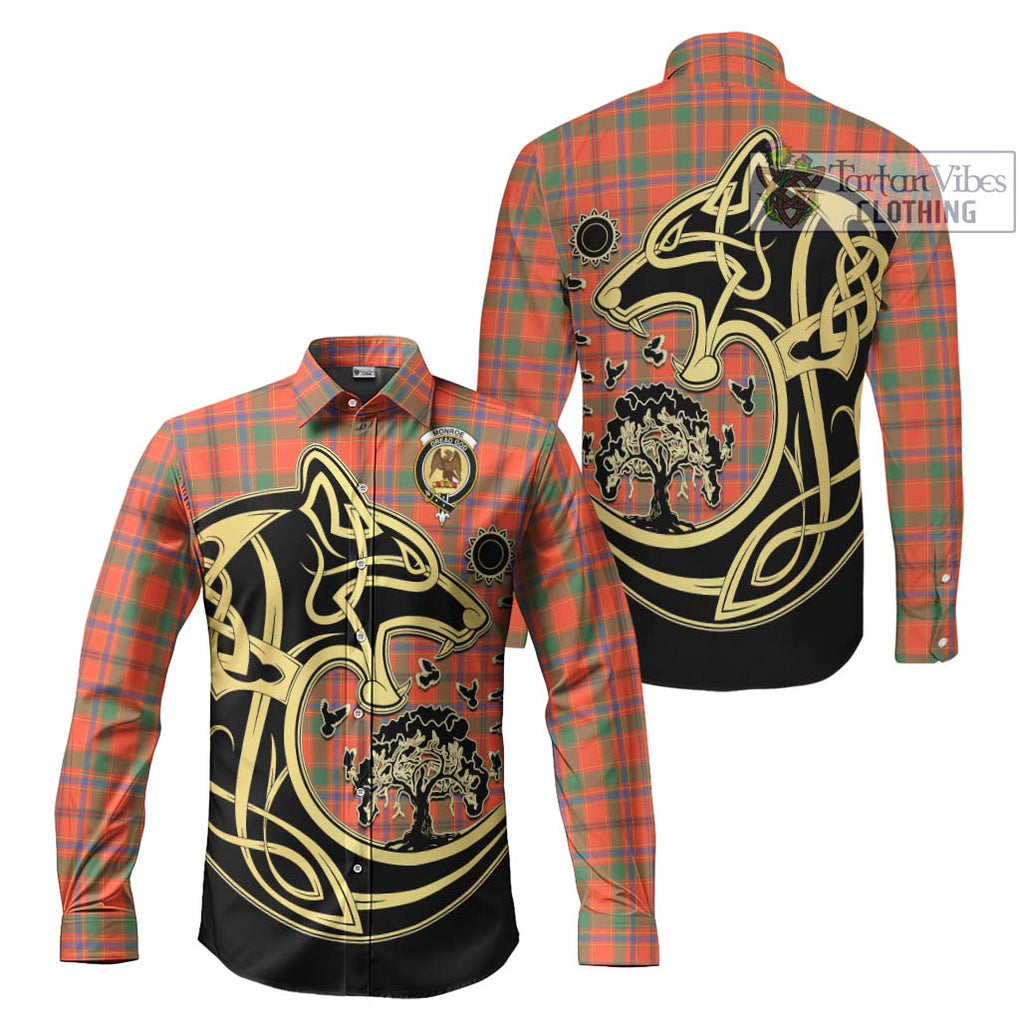 Monroe Ancient Tartan Long Sleeve Button Shirt with Family Crest Celtic Wolf Style Men's Shirt S - Tartan Vibes Clothing