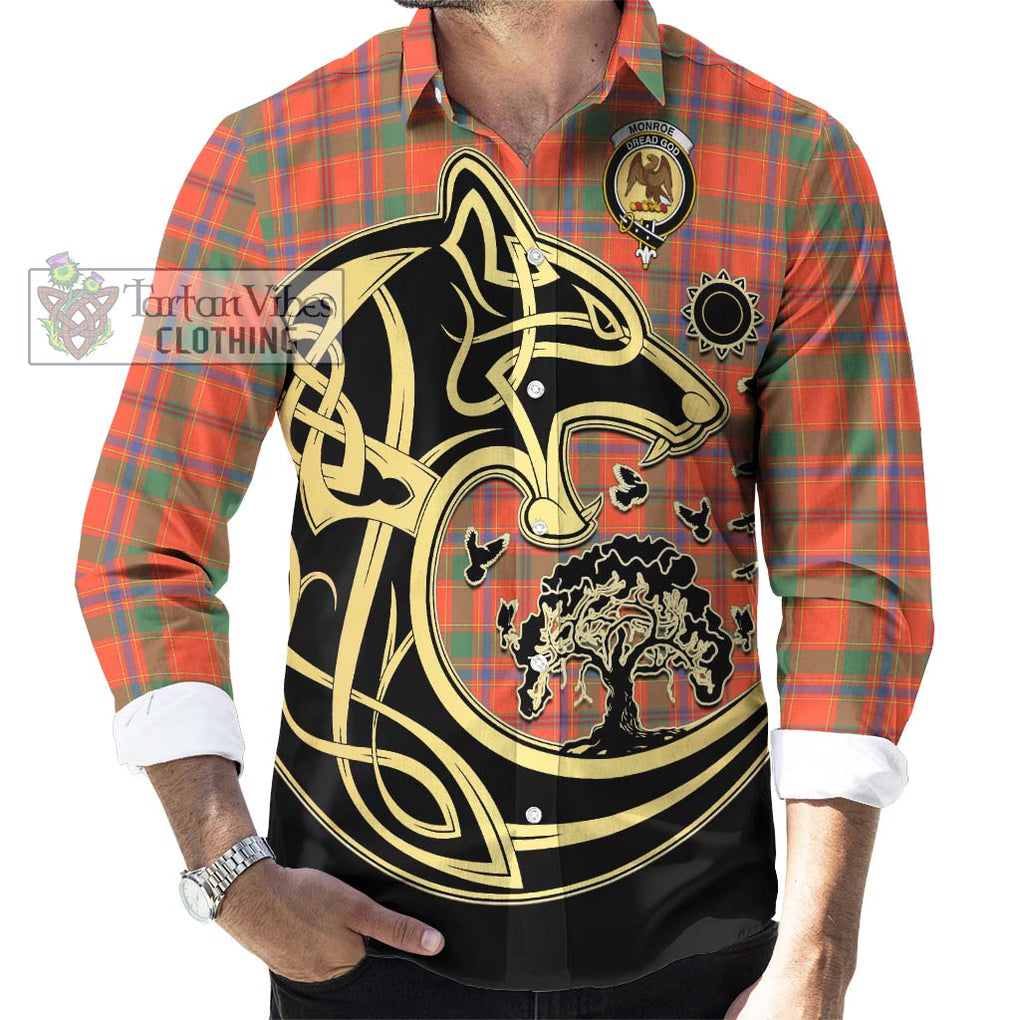 Monroe Ancient Tartan Long Sleeve Button Shirt with Family Crest Celtic Wolf Style - Tartan Vibes Clothing