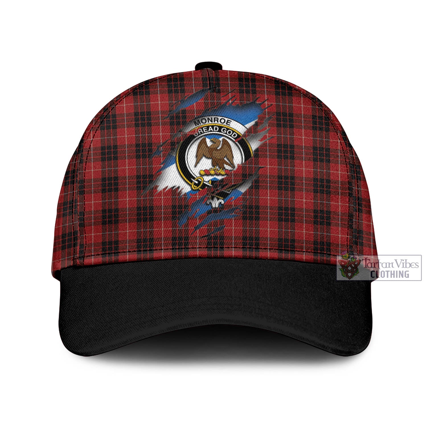 Tartan Vibes Clothing Monroe Black and Red Tartan Classic Cap with Family Crest In Me Style