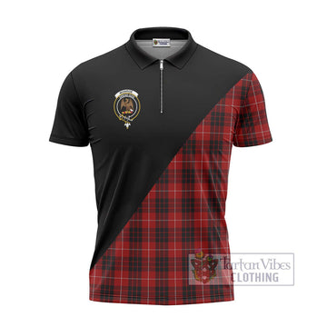 Monroe Black and Red Tartan Zipper Polo Shirt with Family Crest and Military Logo Style - Tartanvibesclothing Shop