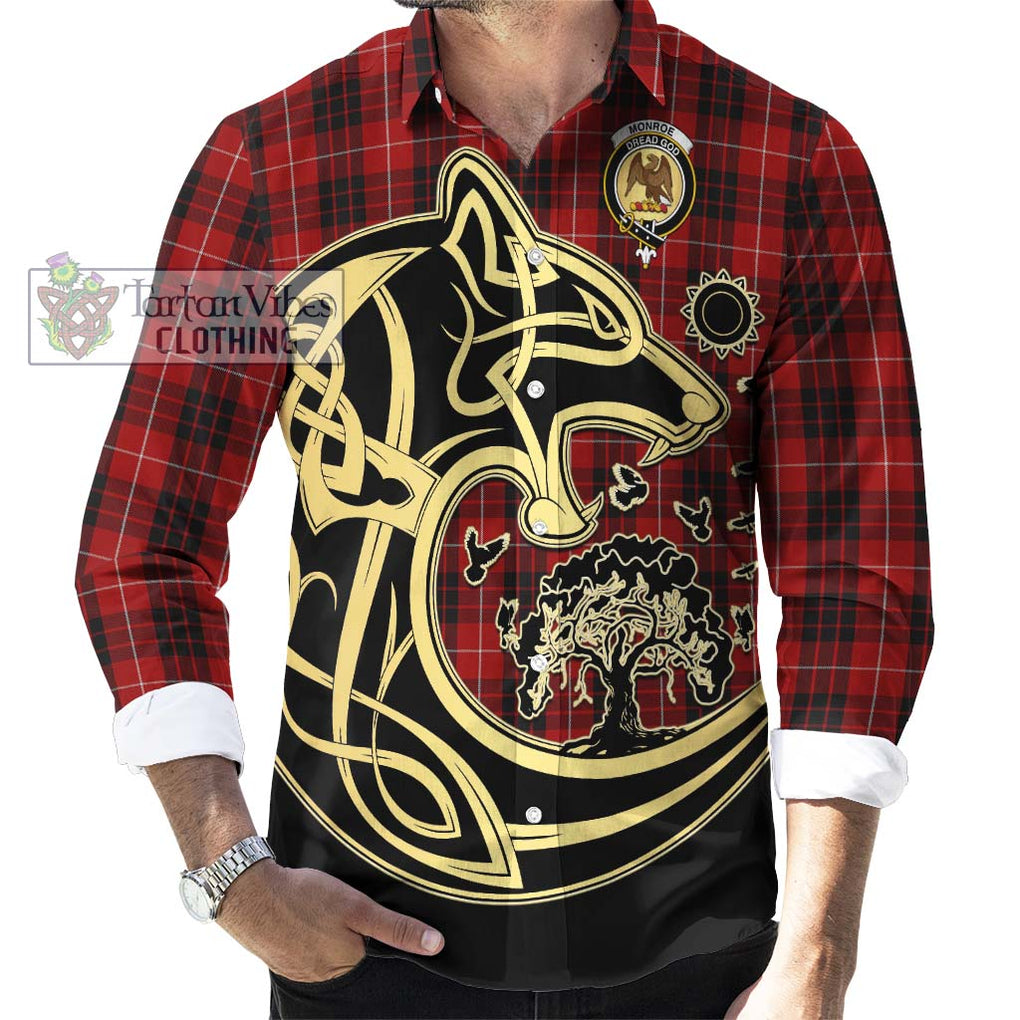 Monroe Black and Red Tartan Long Sleeve Button Shirt with Family Crest Celtic Wolf Style - Tartan Vibes Clothing