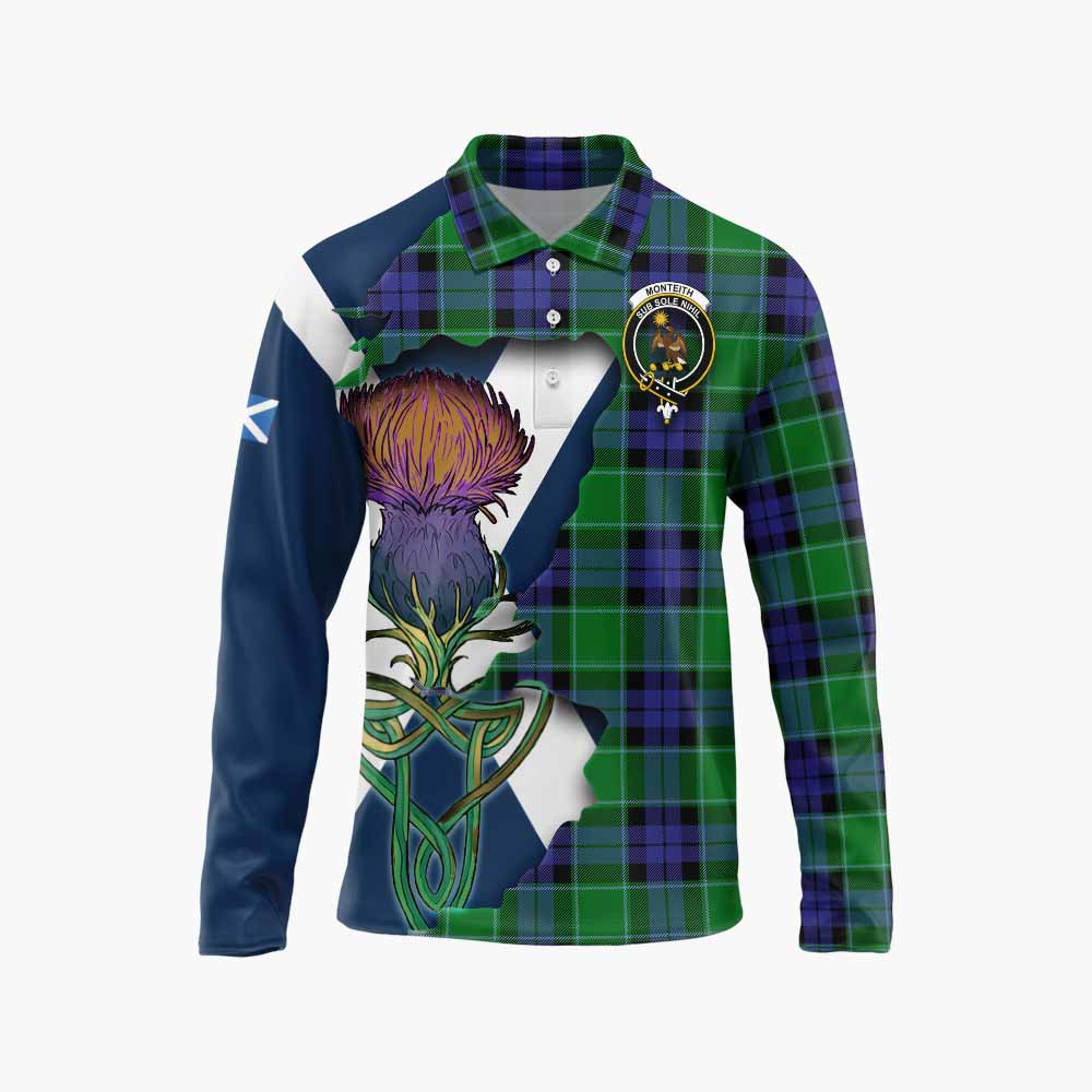 Tartan Vibes Clothing Monteith Tartan Family Crest Long Sleeve Polo Shirt Scottish Thistle Celtic Inspired