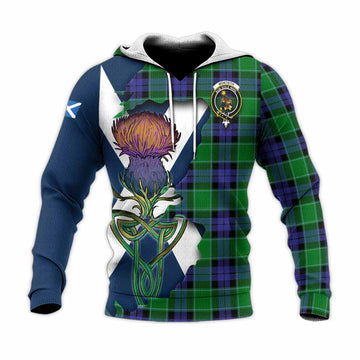 Tartan Vibes Clothing Monteith Tartan Family Crest Knitted Hoodie Scottish Thistle Celtic Inspired