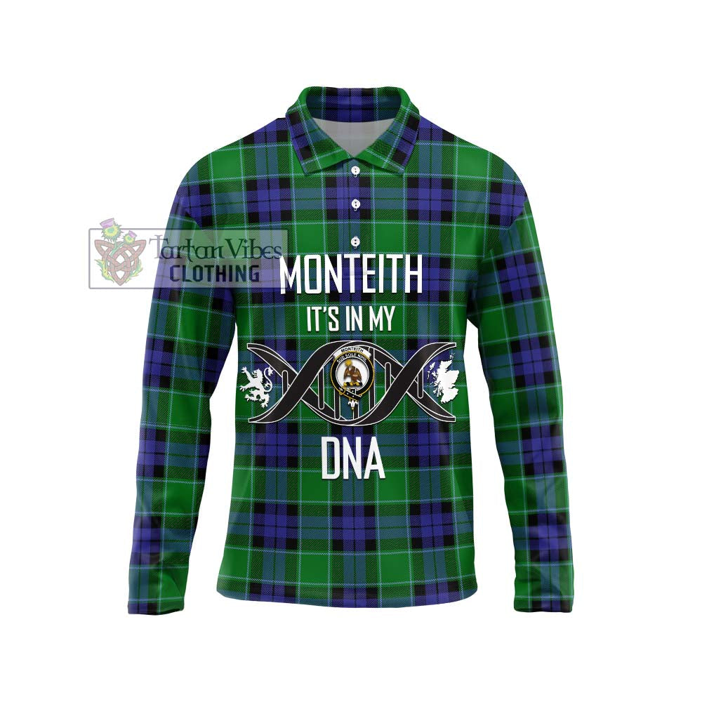 Monteith Tartan Long Sleeve Polo Shirt with Family Crest DNA In Me Style Unisex - Tartan Vibes Clothing