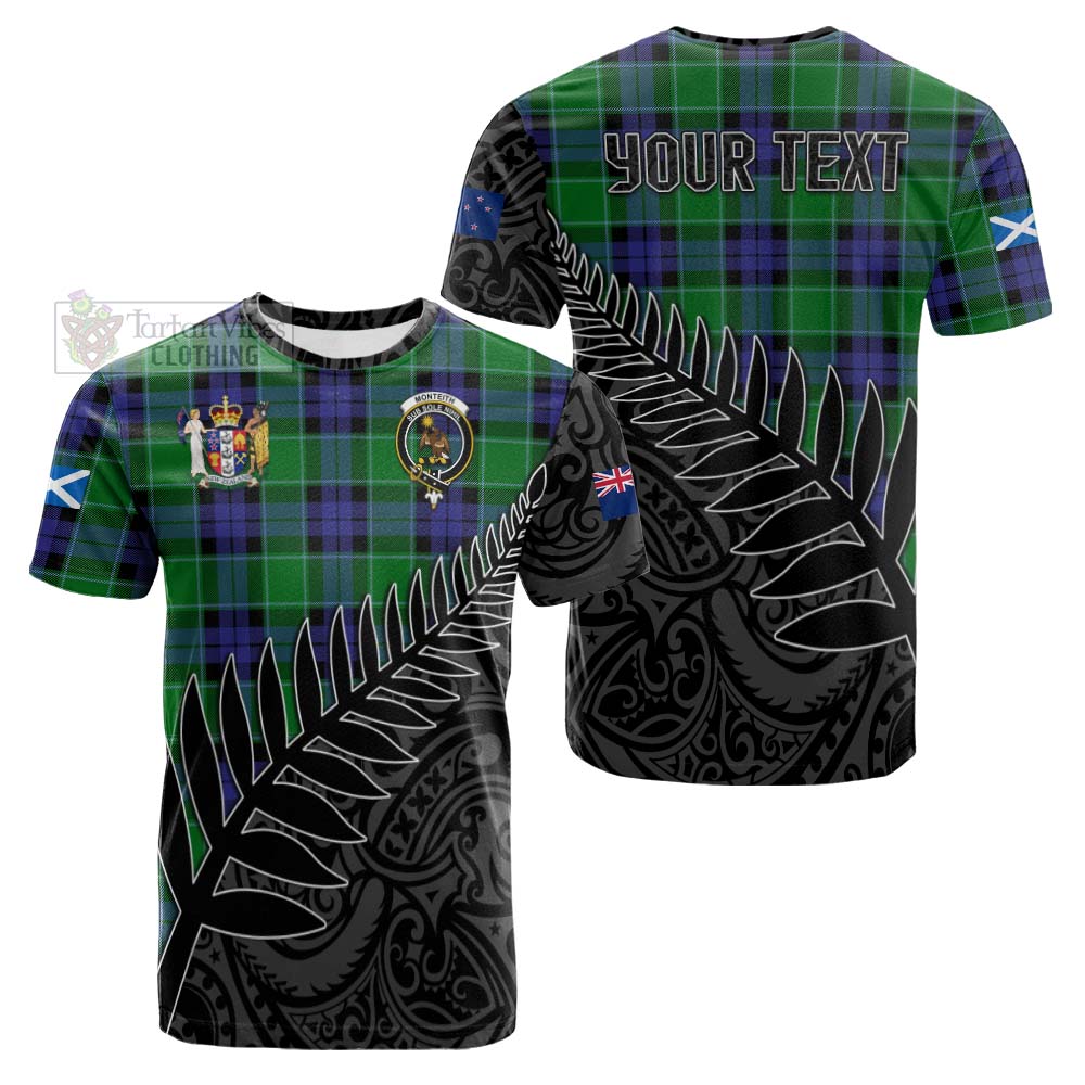 Tartan Vibes Clothing Monteith Crest Tartan Cotton T-shirt with New Zealand Silver Fern Half Style